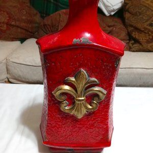 Vintage Red Home bottle or Vase w Golden Fleur De Lis Decoration